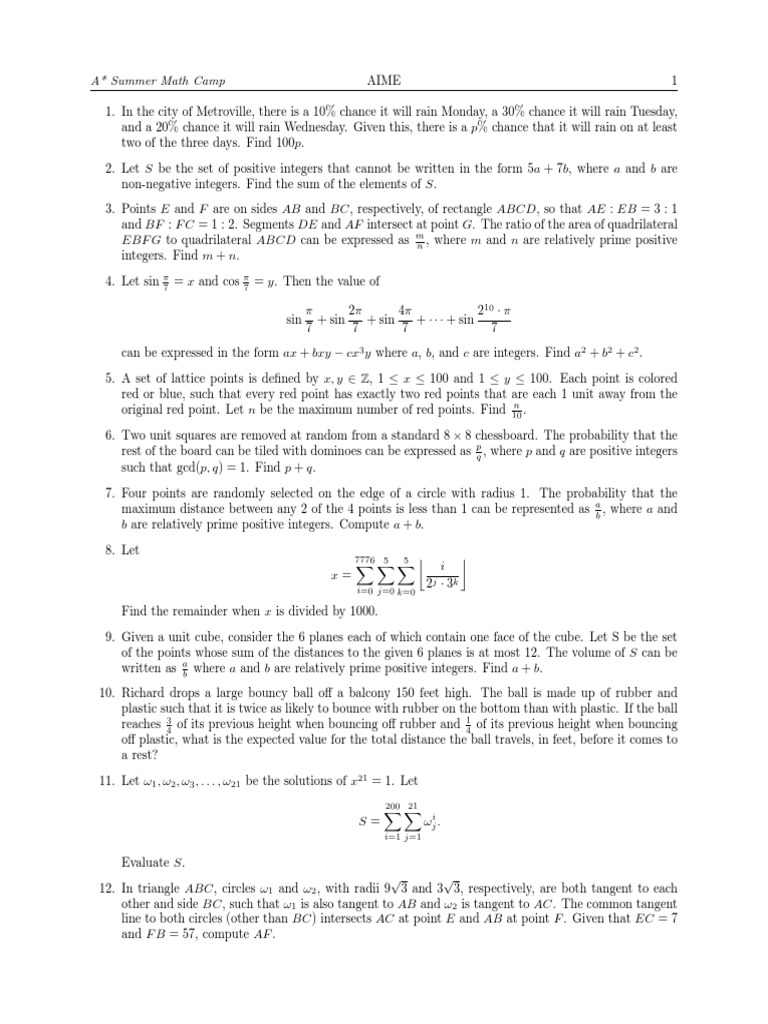 AIME Problem Set | PDF | Circle | Triangle