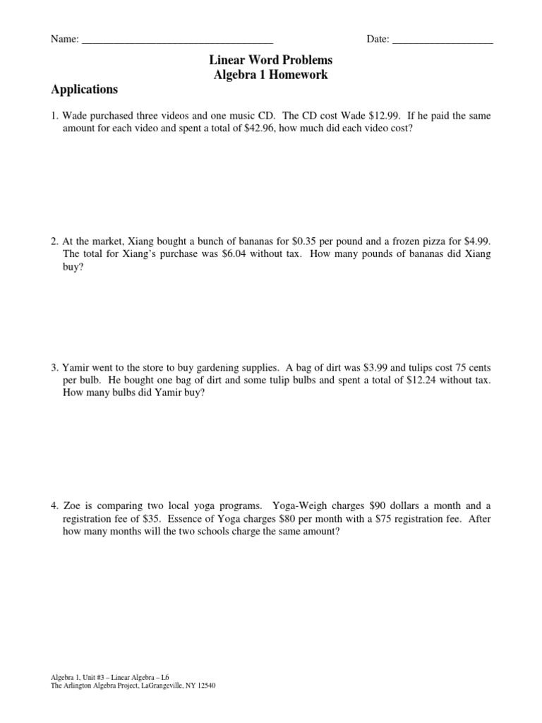 Linear Word Problems in Algebra 1 | PDF