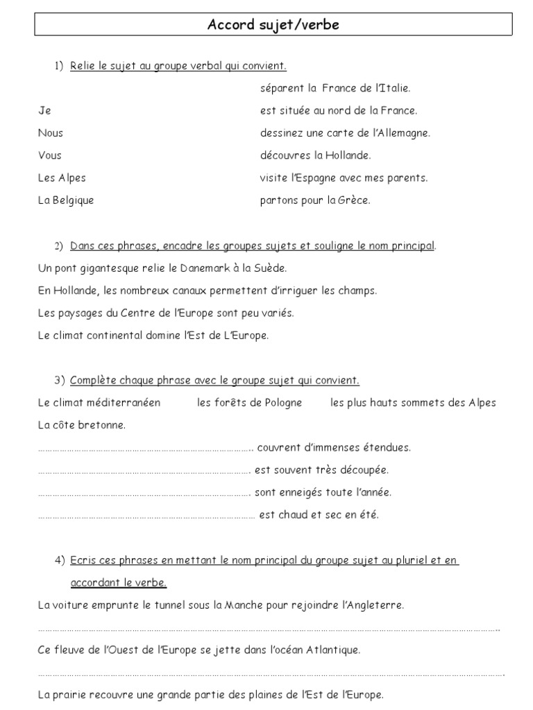 Accord Sujet Verbe Exercices à Imprimer Accord sujet verbe