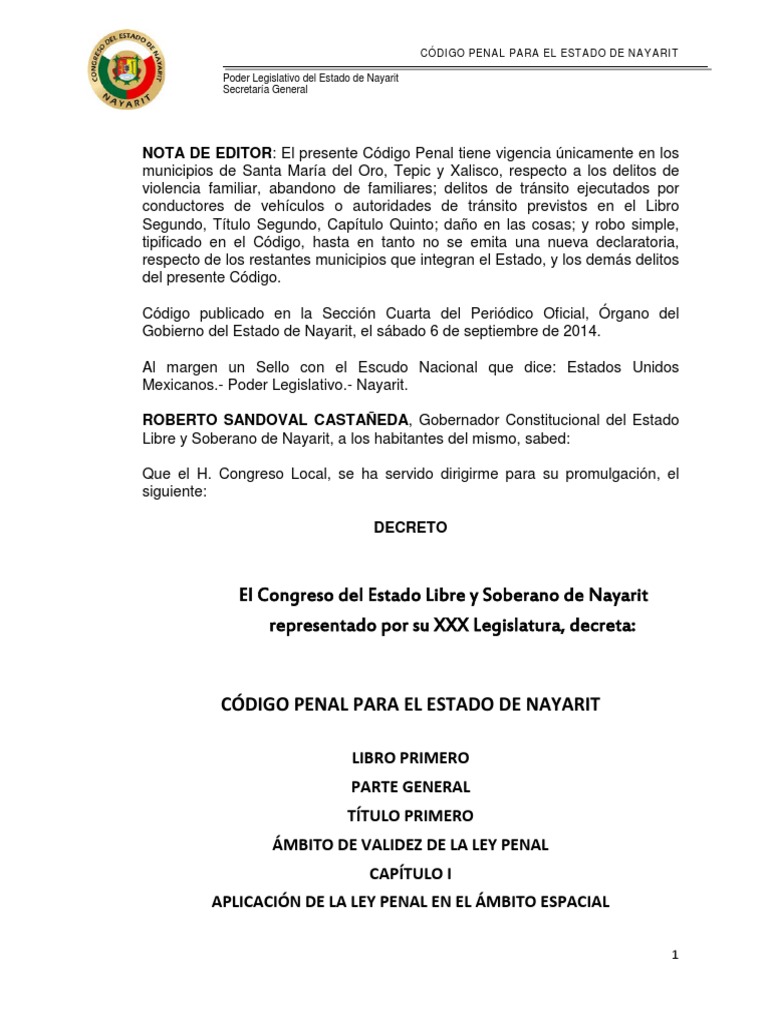 Nuevo Código Penal para el Estado de Nayarit, México