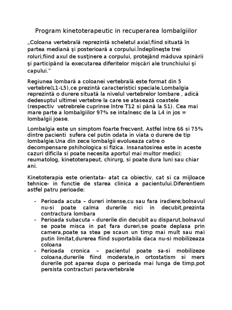 Program Kinetoterapeutic in A Lombalgiilor | PDF