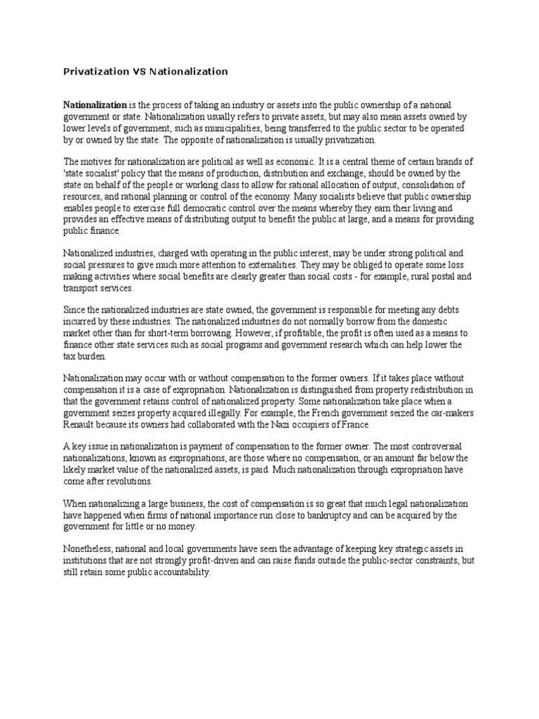 Nationalization Vs Privatization | PDF | Nationalization | Privatization