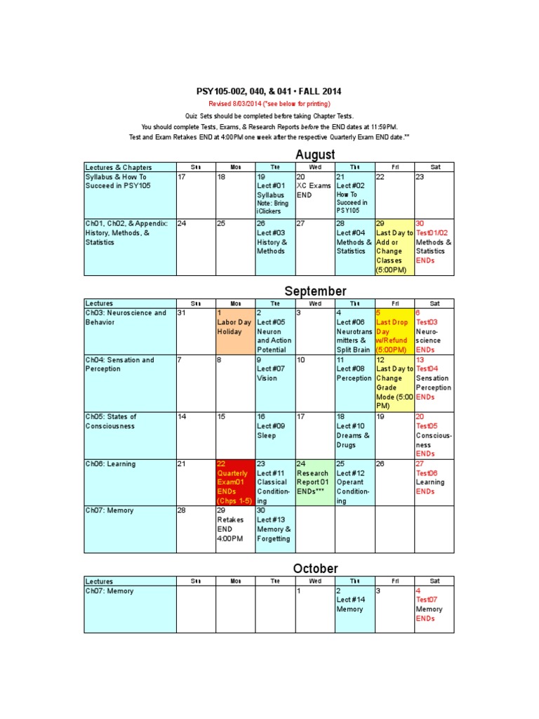 Psych Calendar PDF Memory Cognitive Science