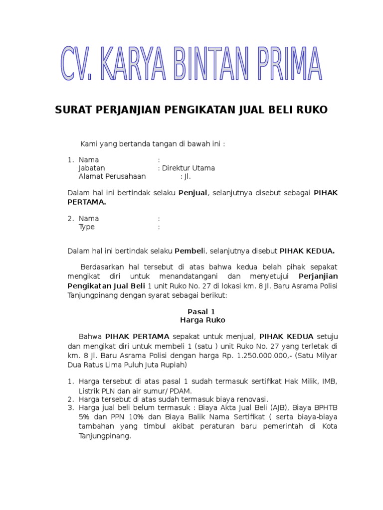 Surat Perjanjian Pengikatan Jual Beli Ruko