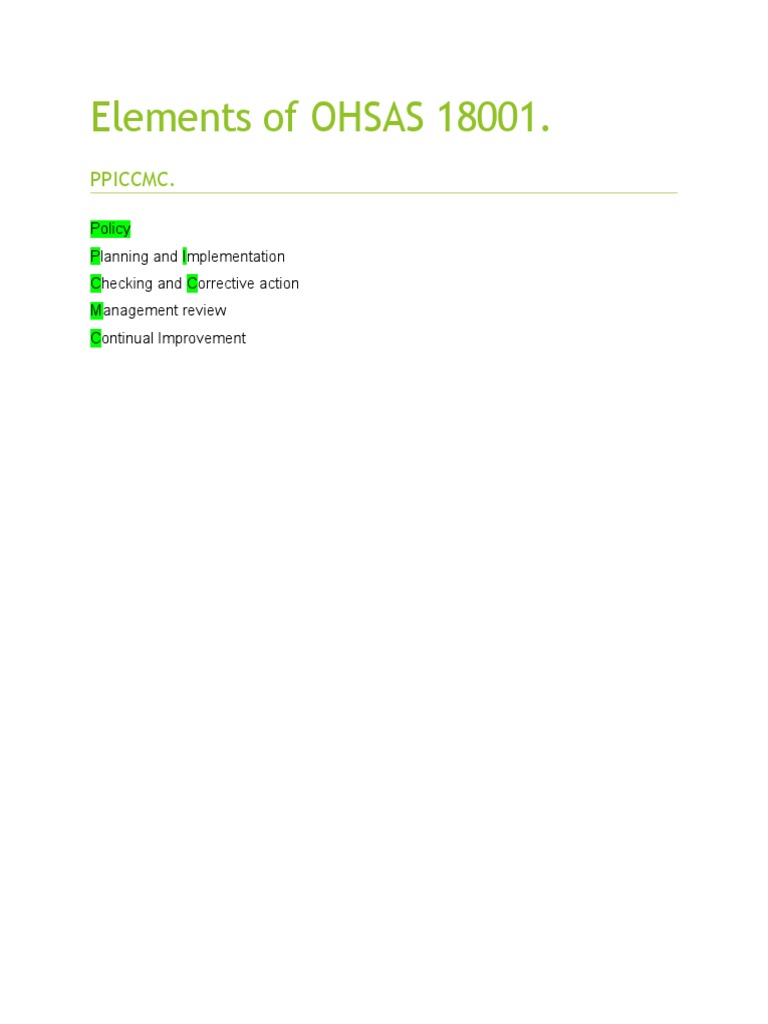Key Elements of OHSAS 18001 Standards | PDF