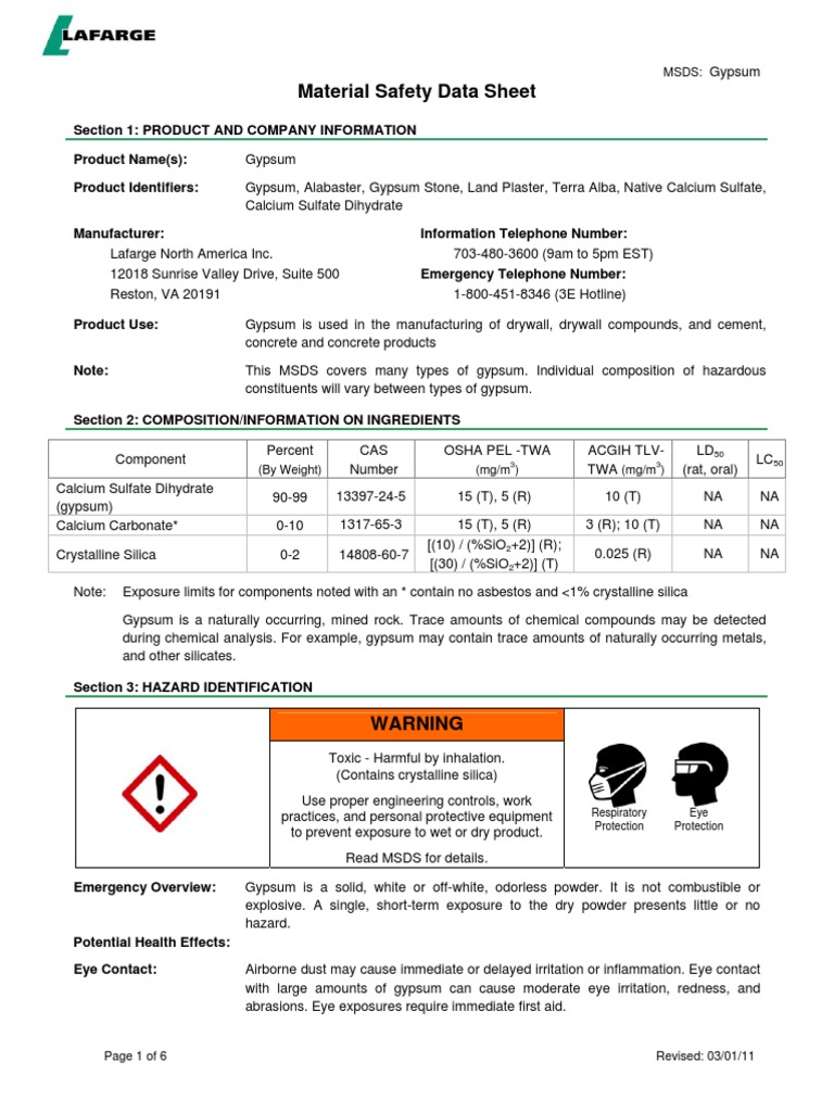 MSDS North America English Natural Gypsum Minerals Gypsum