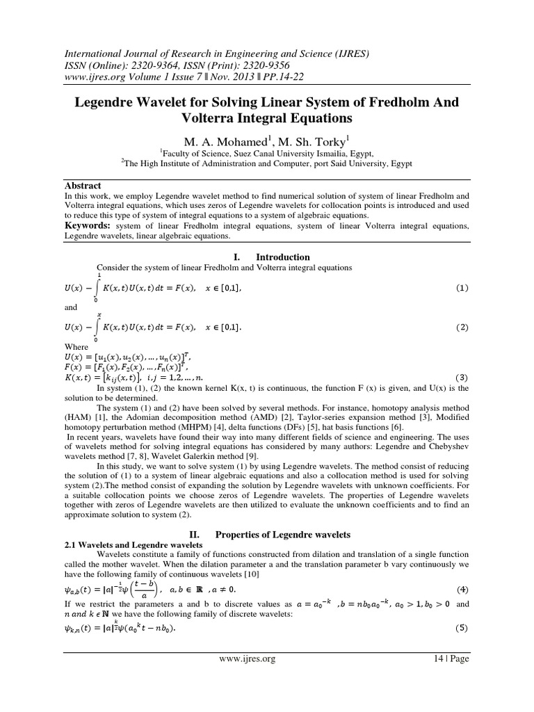 Legendre Wavelet For Solving Linear System of Fredholm and Volterra ...