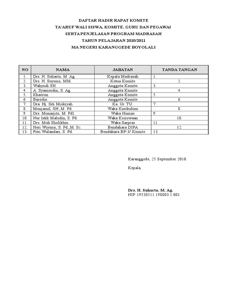 Daftar Hadir Komite Waka Madrasah Pdf