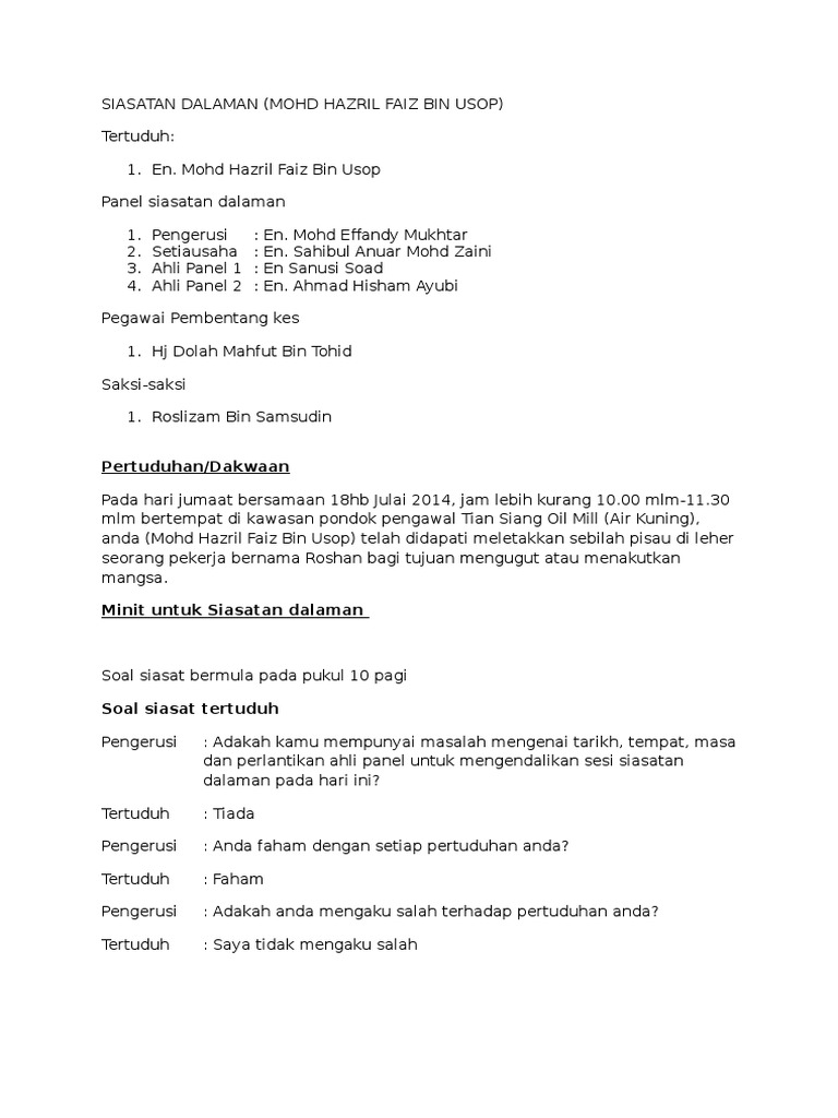 Contoh Surat Notis Siasatan Dalaman