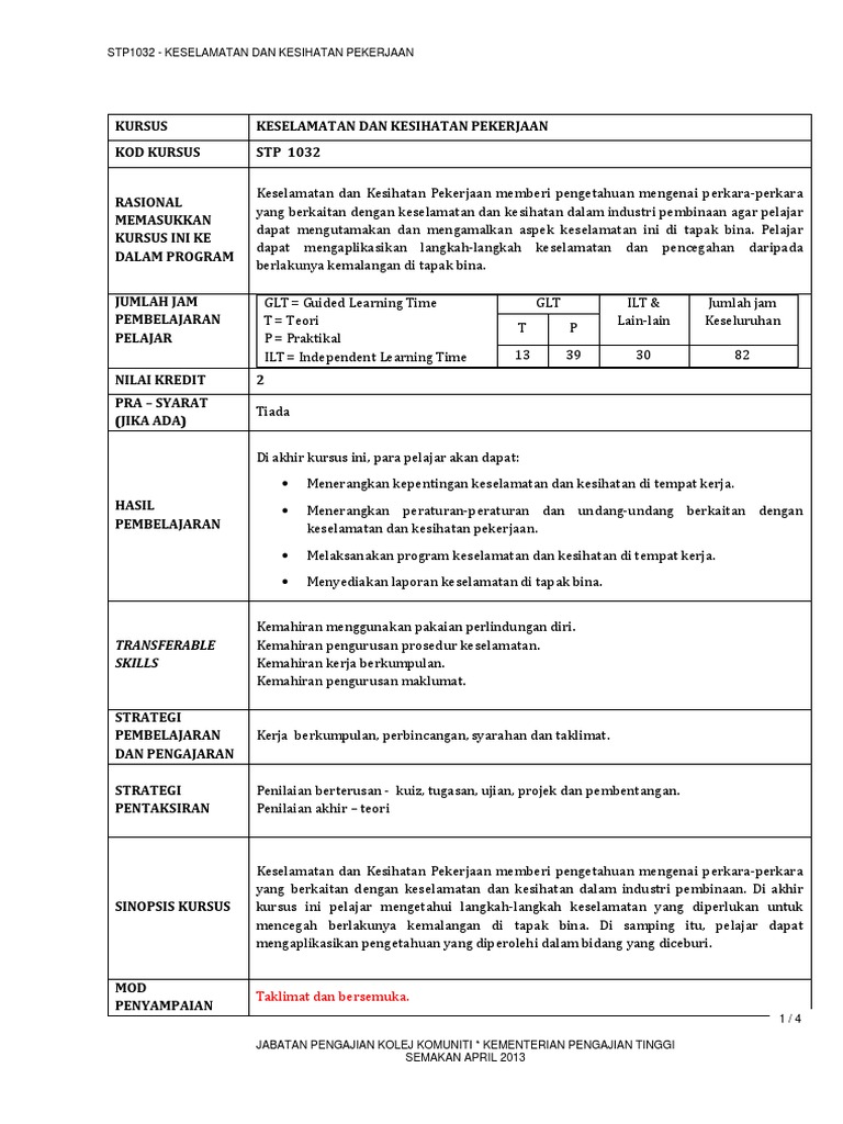Stp1032 Keselamatan Dan Kesihatan Pekerjaan