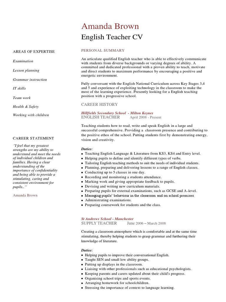English Teacher Cv Example English As A Second Or Foreign Language Teachers