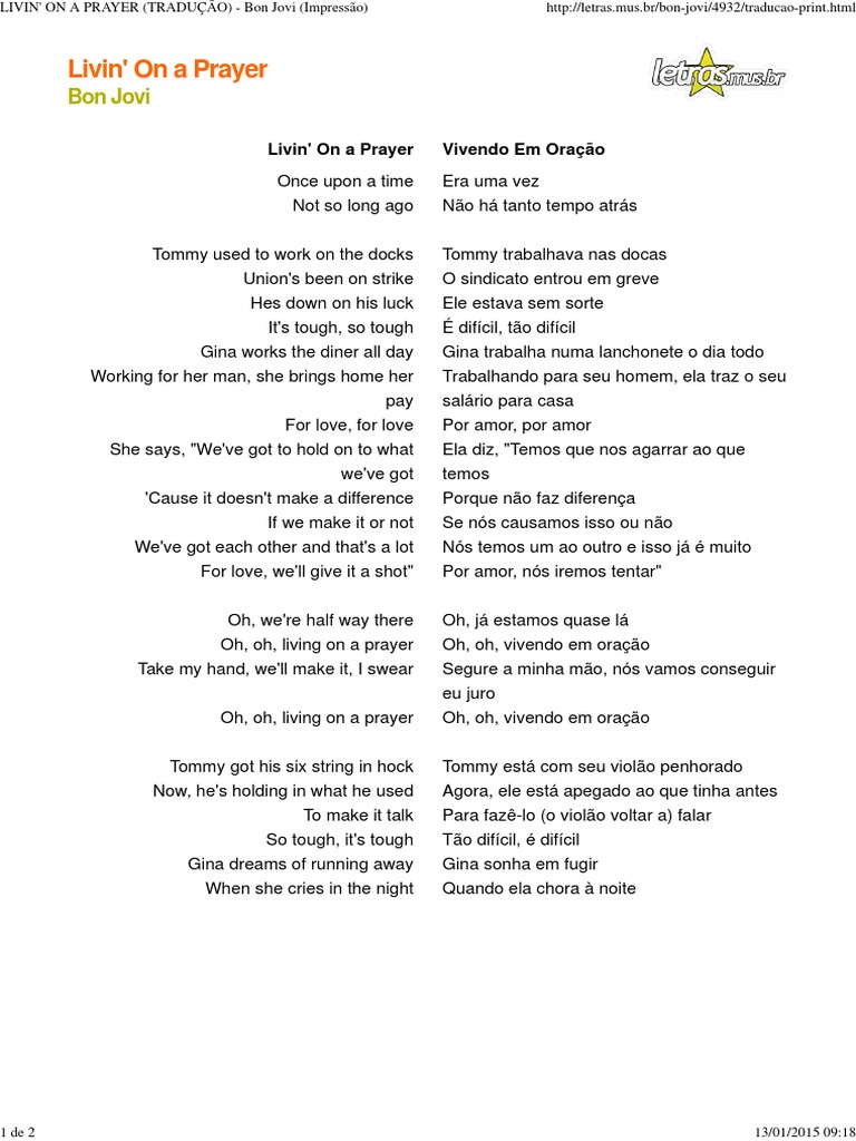 Livin' On A Prayer (Tradução) Bon Jovi (Impressão) PDF Composições (música) Músicos