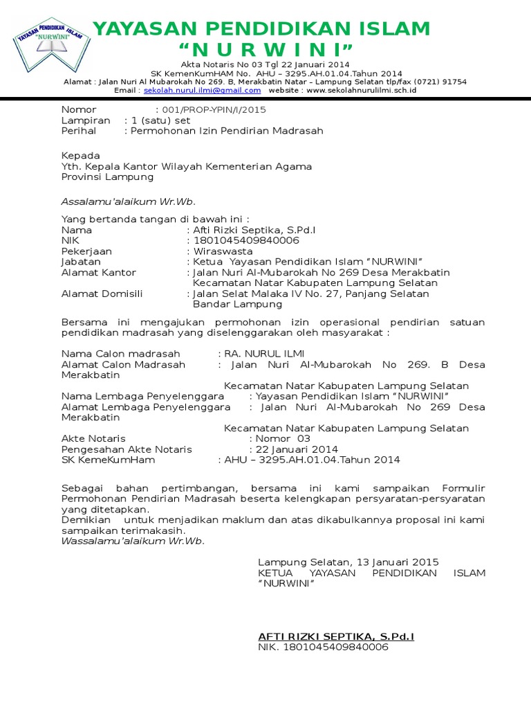 Ijin Operasional Madrasah Format Pm01