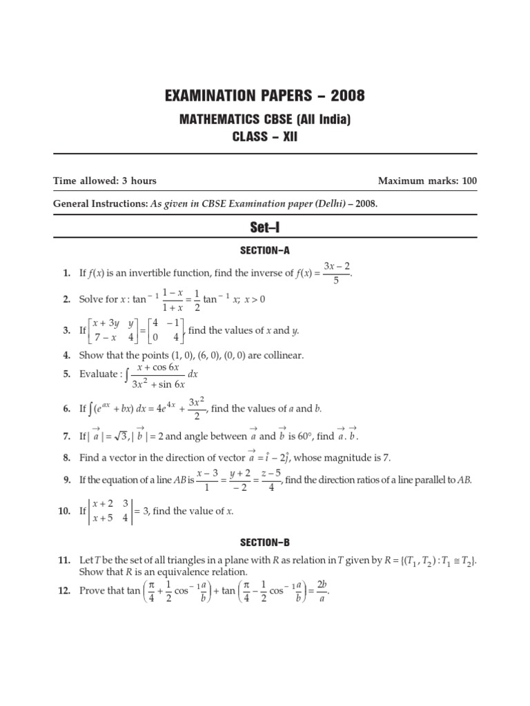 Math Question Papers For Class 12 PDF Matrix (Mathematics) Equations