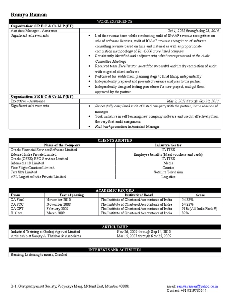 Ramya Raman: Organization: S R B C & Co LLP (EY) | PDF
