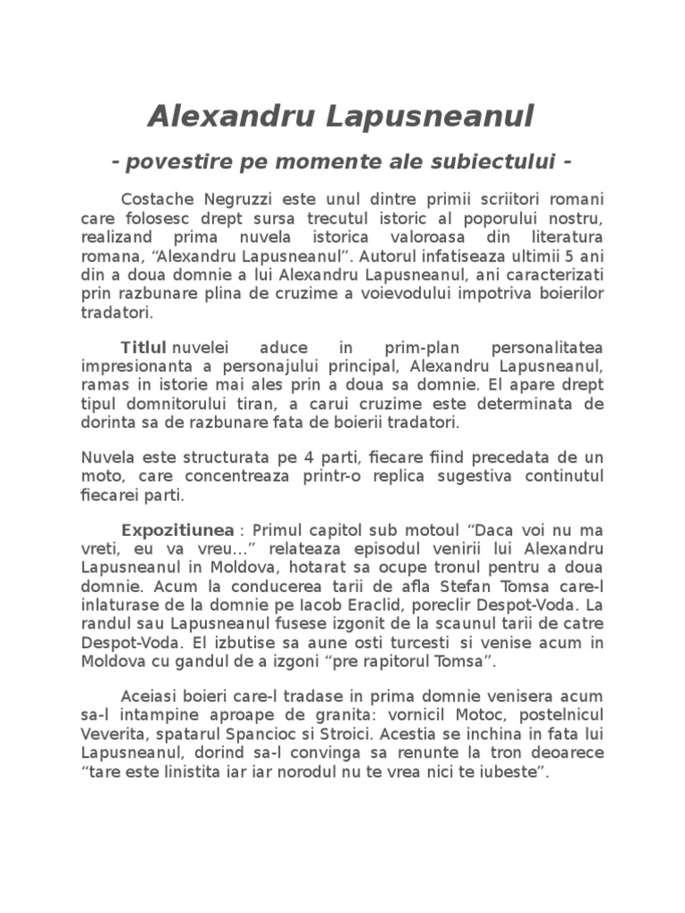 Alexandru Lapusneanul- Momentele Subiectului