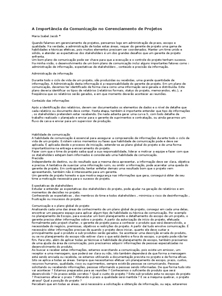 A Importância Da Comunicação No Gerenciamento De Projetos Pdf