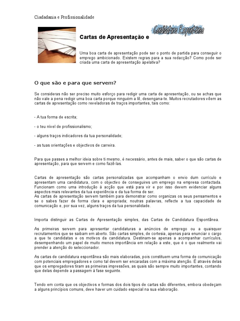 Cartas de Apresentaçã e candidatura espontanea  Gestão de 