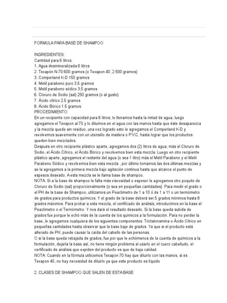 Formula Para Base de Shampoo Tensioactivo sal