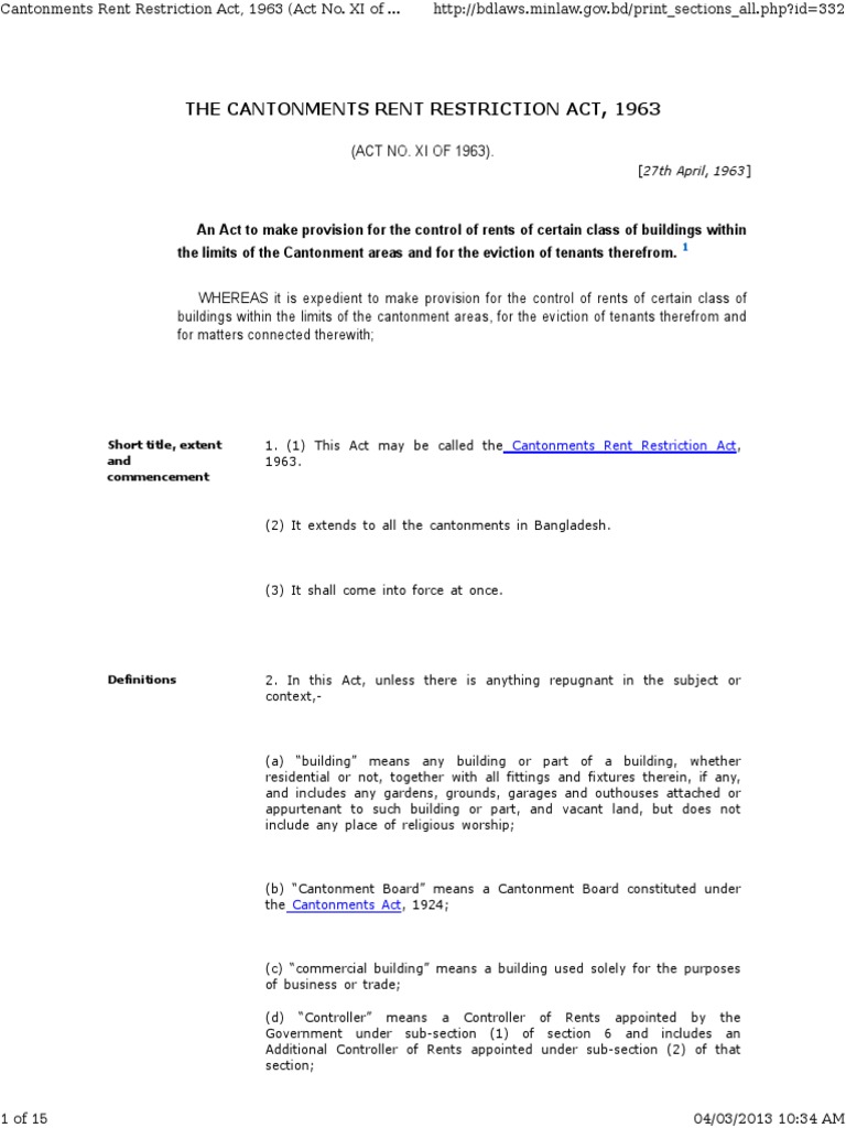 Cantonment Rent Restriction Act, 1963 PDF Leasehold Estate Eviction