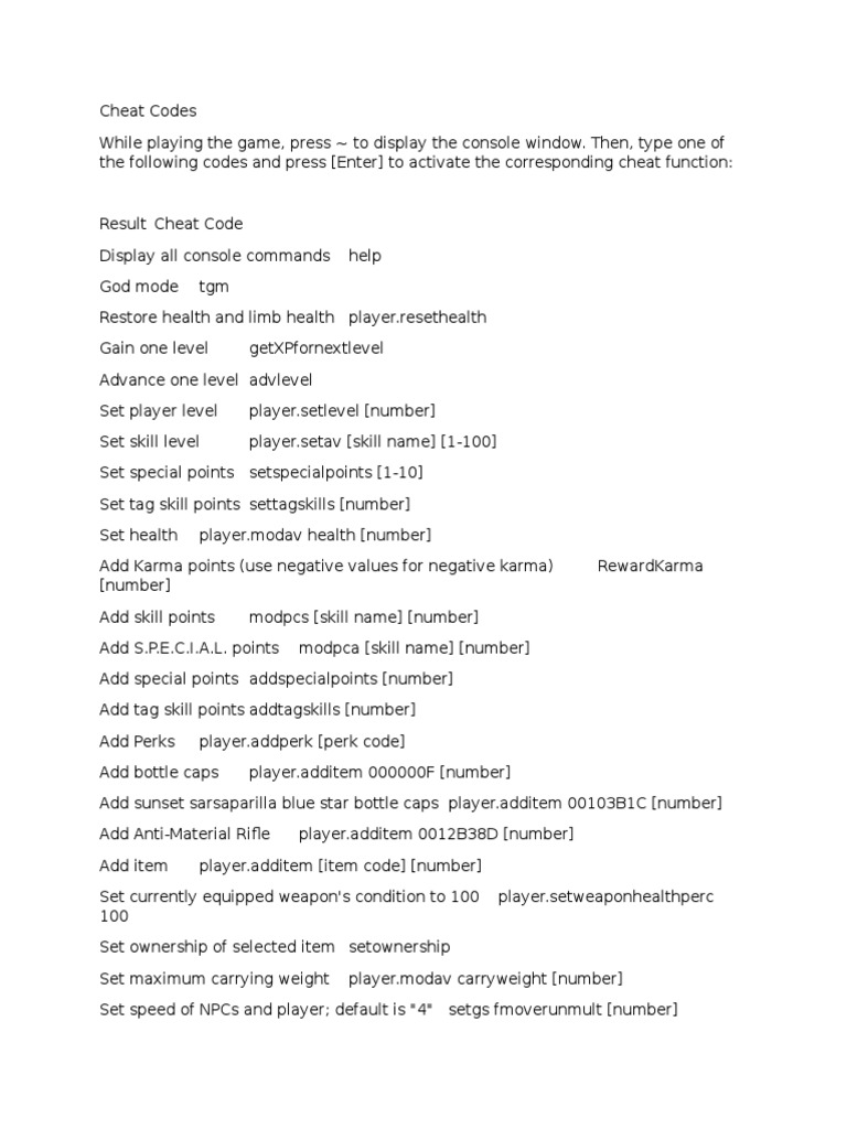 FNV Cheat Codes | PDF | Cheating In Video Games | Slot Machine