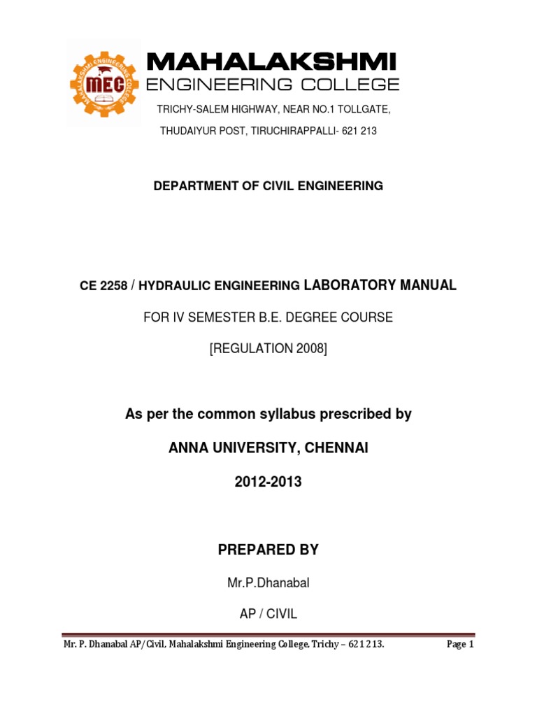 Ce 2258 Hydraulic Engineering Laboratory Manual PDF Pump Pressure Measurement