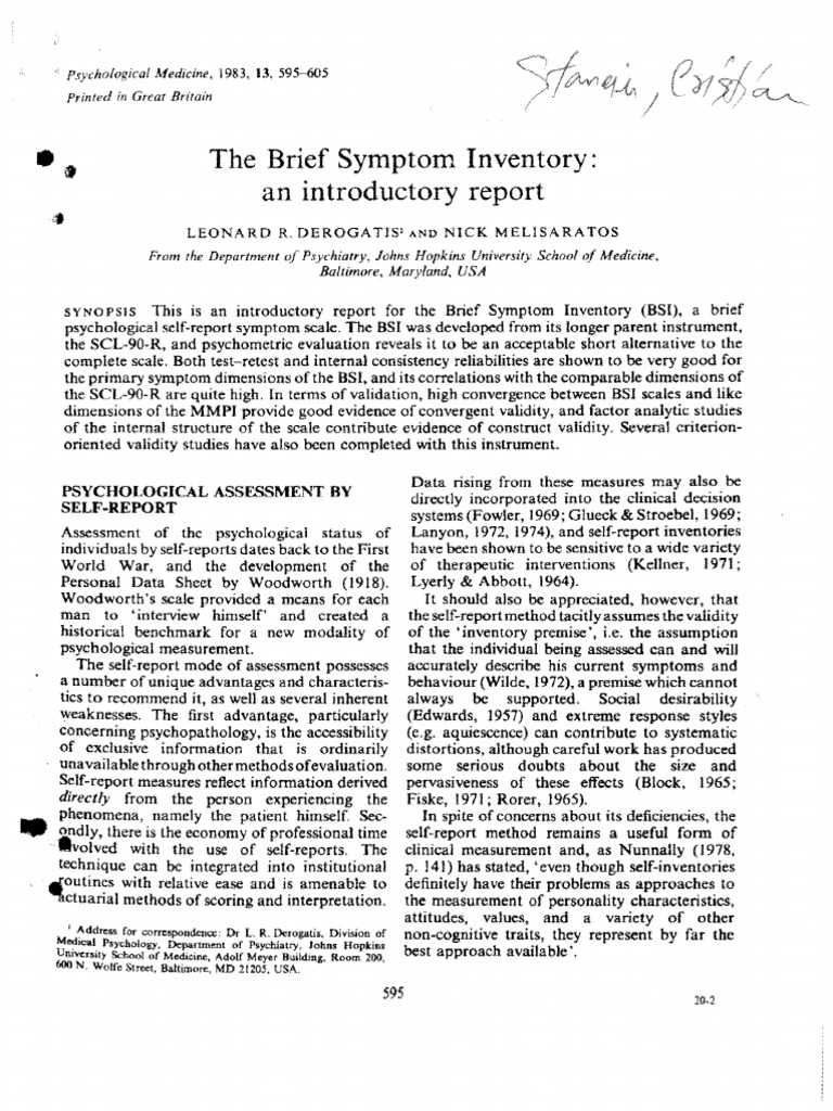 The Brief Symptom Inventory-An Introductory Report-1983 | PDF