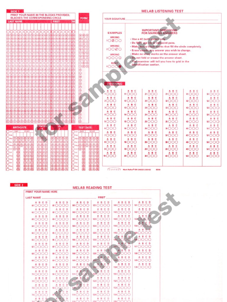MELAB 2012 SampleAnswerSheet | PDF | Language Arts & Discipline | Art