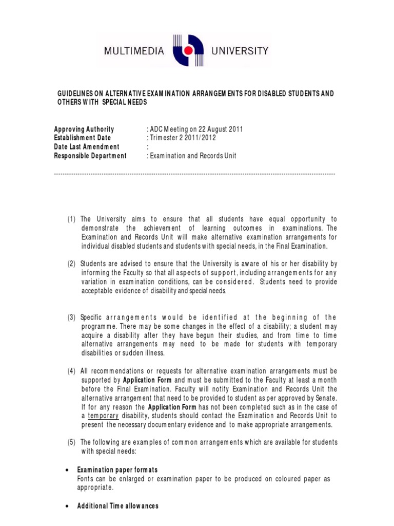 Alternative Exam Arrangements Guide | PDF | Special Education | Disability