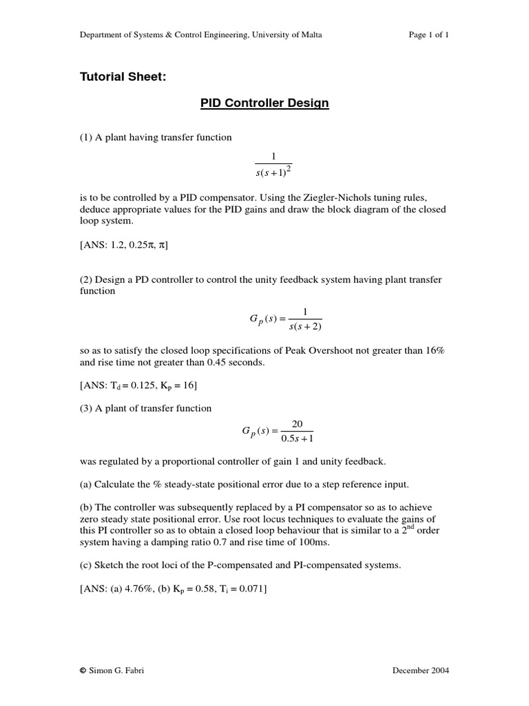 Tutorial Sheet: PID Controller Design: Department of Systems & Control ...