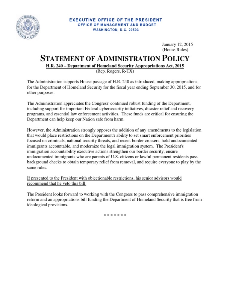 Statement of Administration Policy | PDF