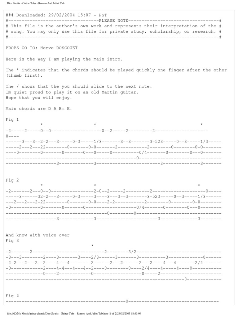 Dire Straits - Guitar Tabs - Romeo and Juliet Tab