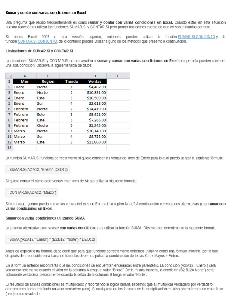 Formula Condicional Si Excel Varias Condiciones Sumar y Contar Con Varias Condiciones en Excel | PDF | Microsoft Excel |  Multiplicación