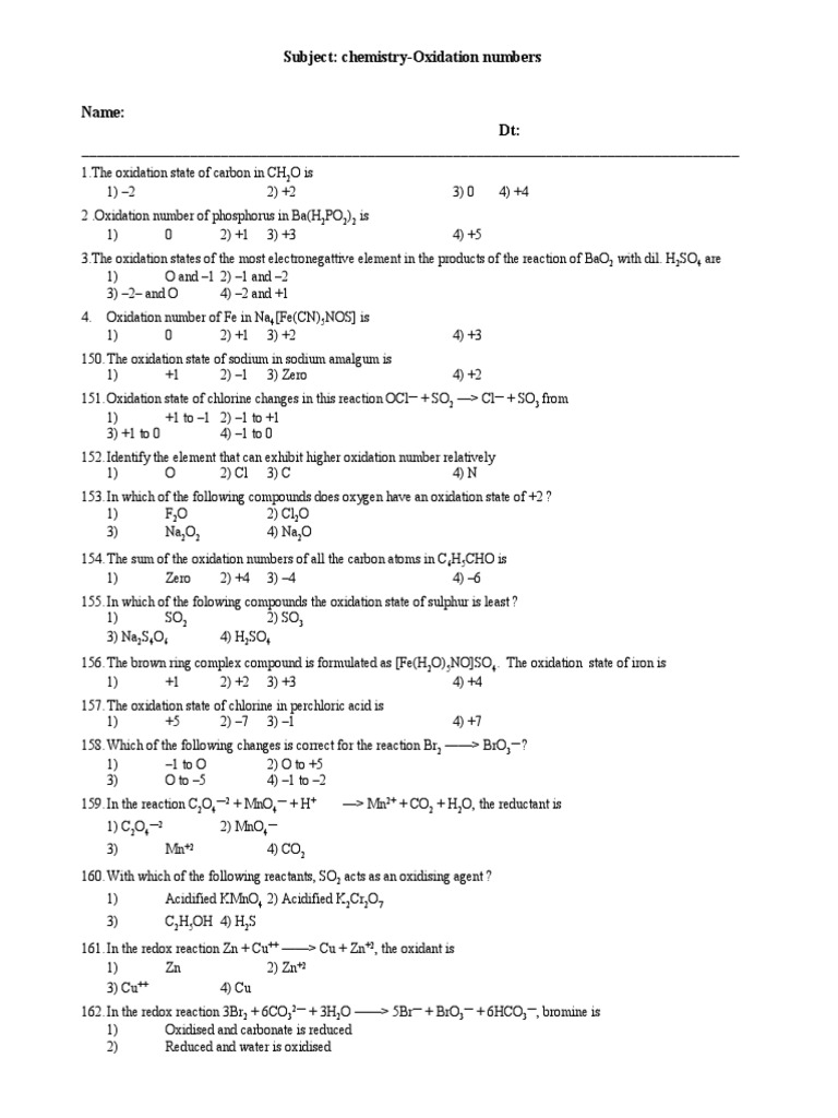 Oxidation Number Quiz and Answers | PDF | Redox | Chlorine