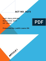 Republic Act No. 9173: The Philippine Nursing Act O F 2 0 0 2 Presented By: Judith Leano RN