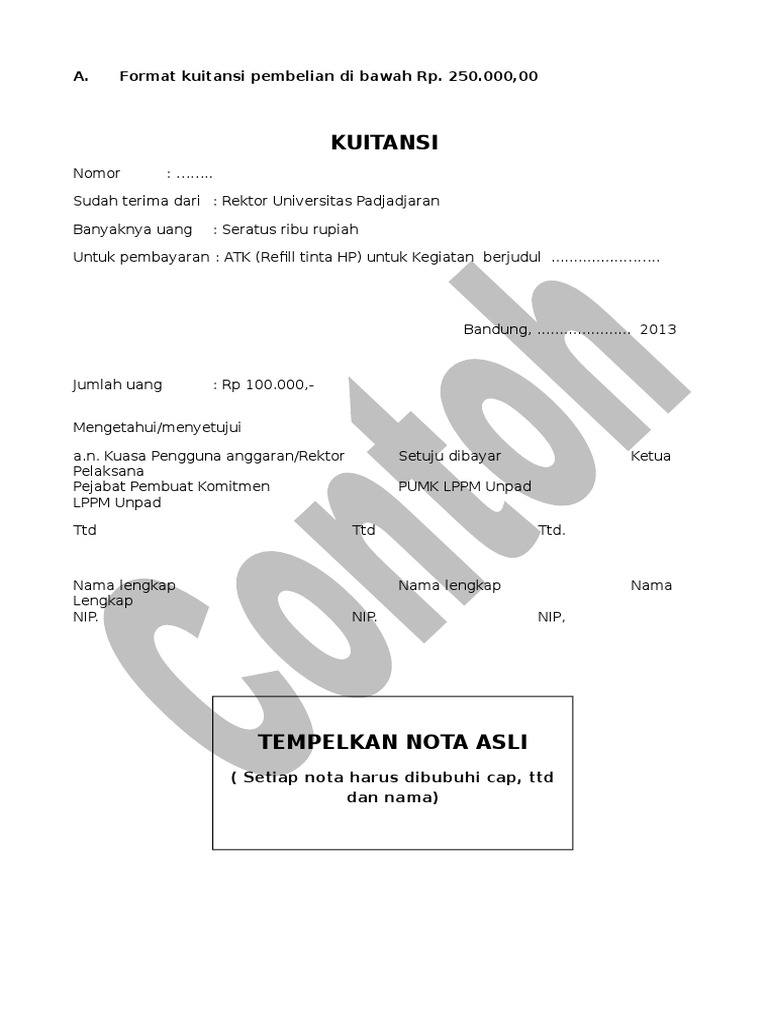Kuitansi A Format Kuitansi Pembelian Di Bawah Rp 25000000