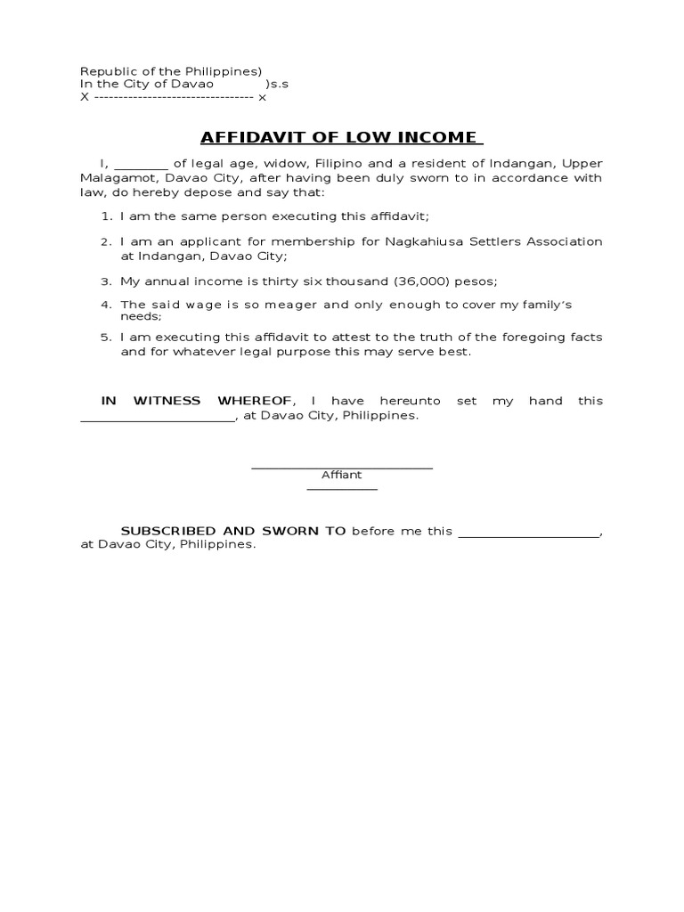 Affidavit of Low Income (sample)