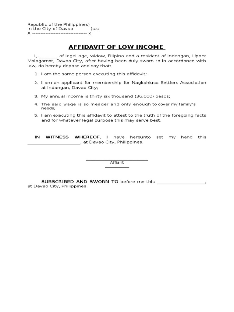 Affidavit of Low Income (sample) Affidavit of Low Income (sample)