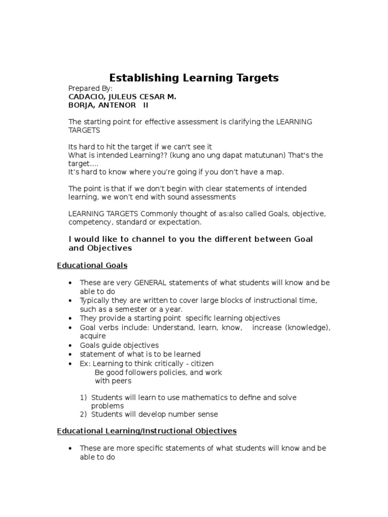 Establishing Learning Targets | PDF | Recall (Memory) | Educational ...