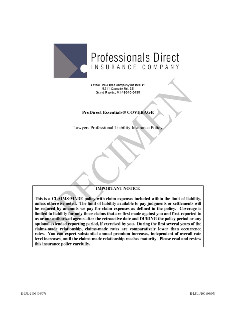 Specimen Policy Lawyers Professional Liability Insurance Chubb PDF