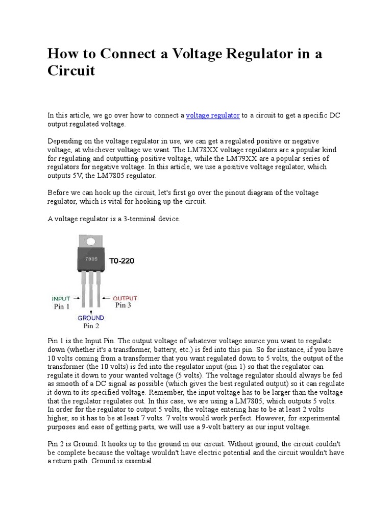 Connecting a Voltage Regulator Guide | PDF | Capacitor | Voltage