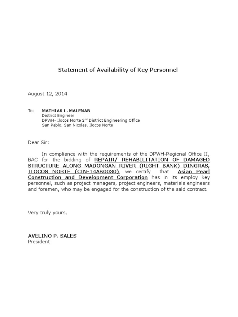 14AB0030 Statement of Availability of Key Personnel and Equipment PDF
