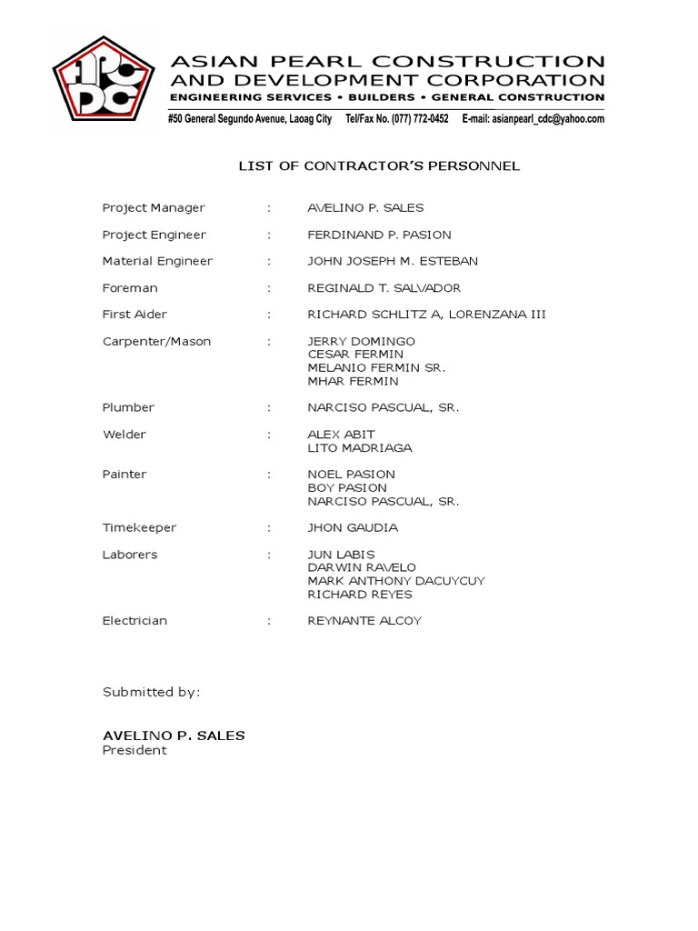 Contractor Personnel List for Project | PDF