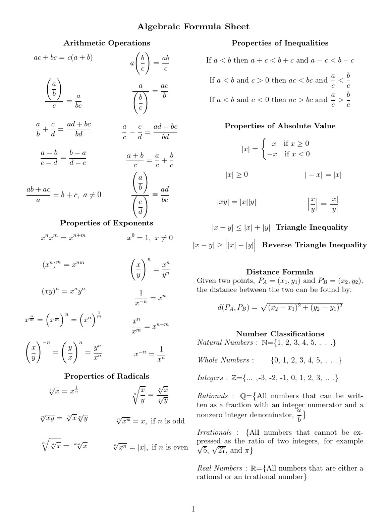 Algebraic Formula Reference Sheet | PDF | Quadratic Equation | Fraction ...