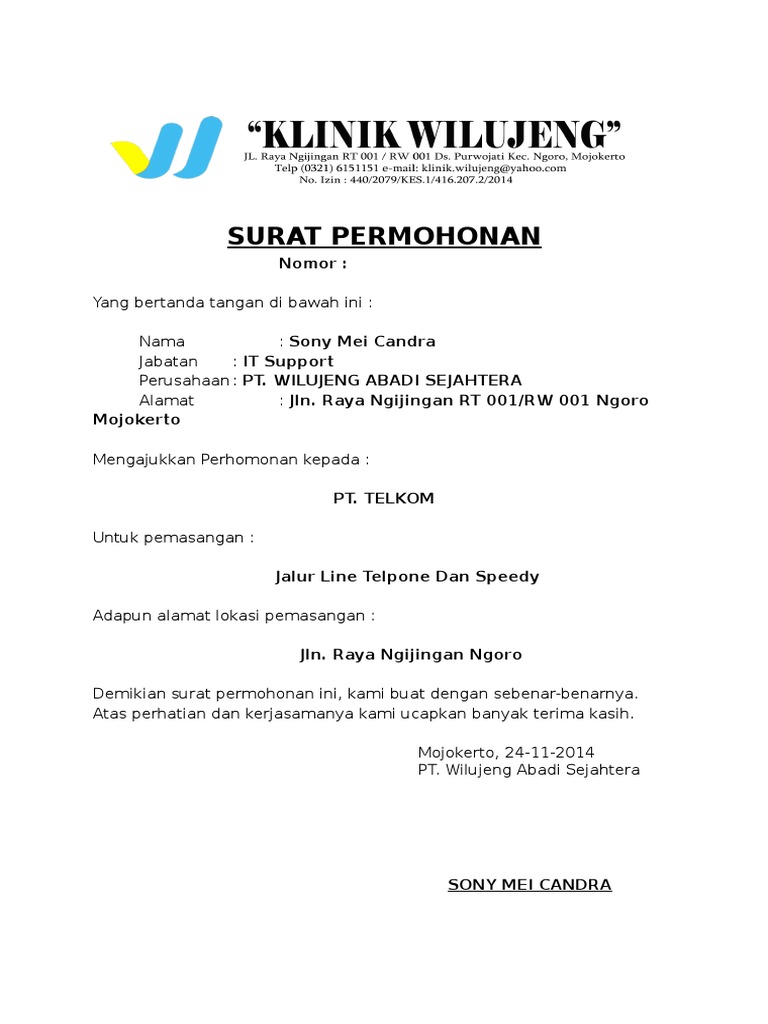 Surat Permohonan Pasang Speedy