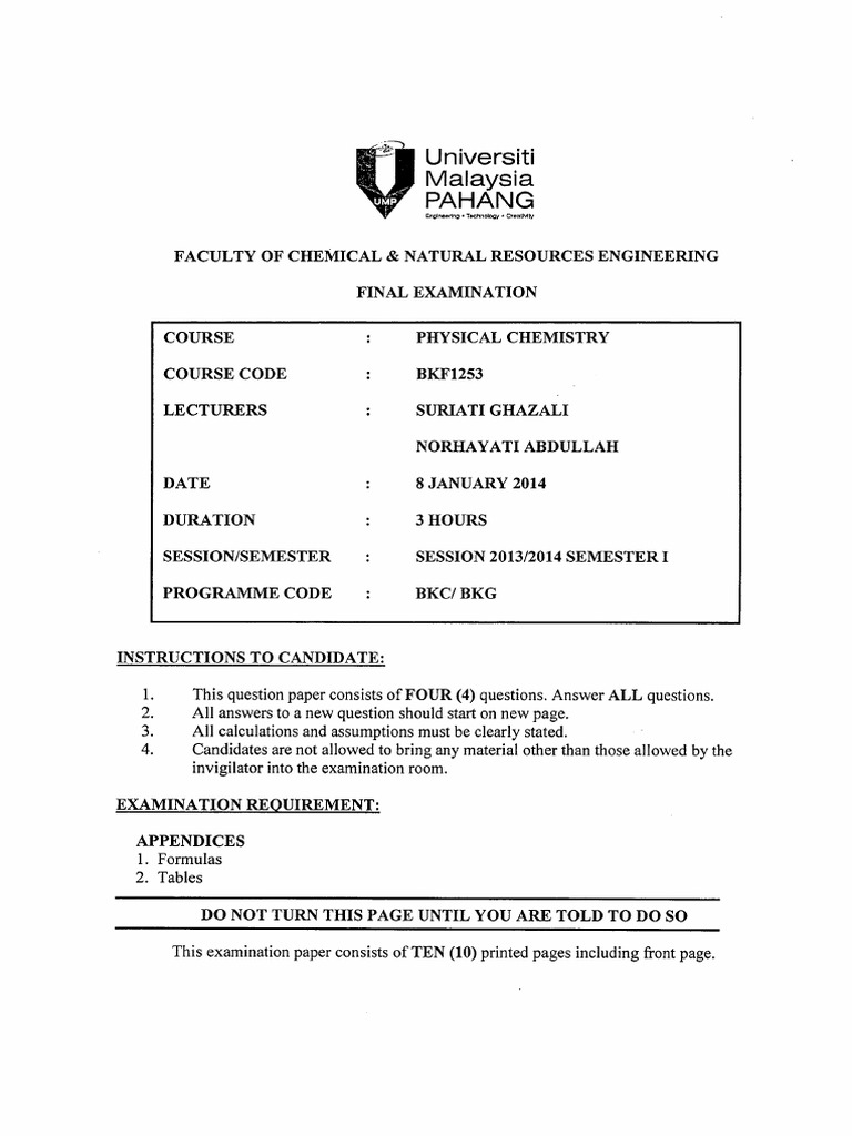Physical Chemistry Final Exam Paper | PDF | Chemical Equilibrium | Solution