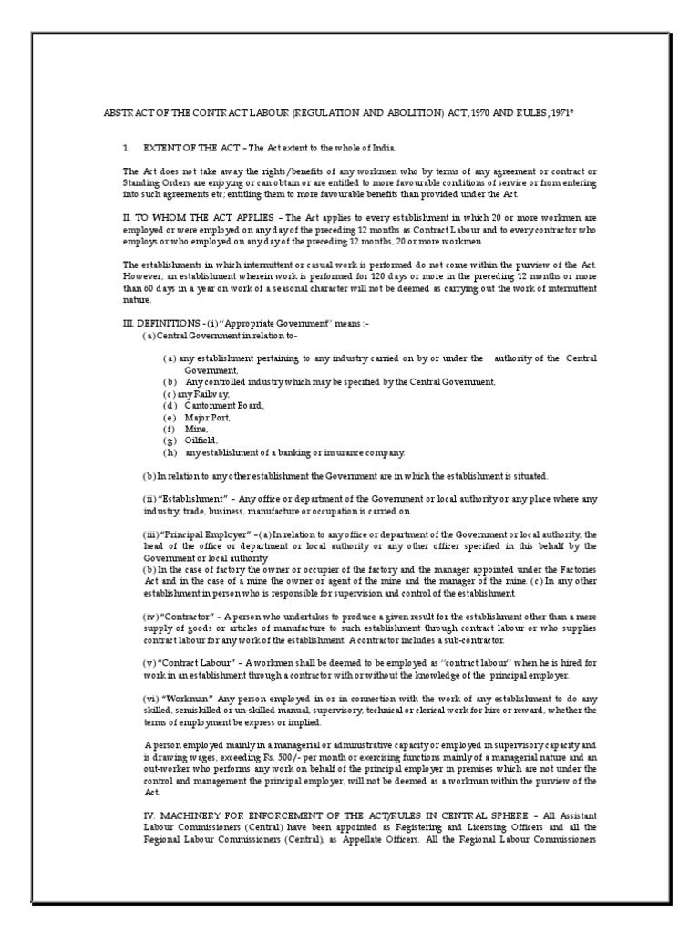 Abstract of The Contract Labour Act License Employment