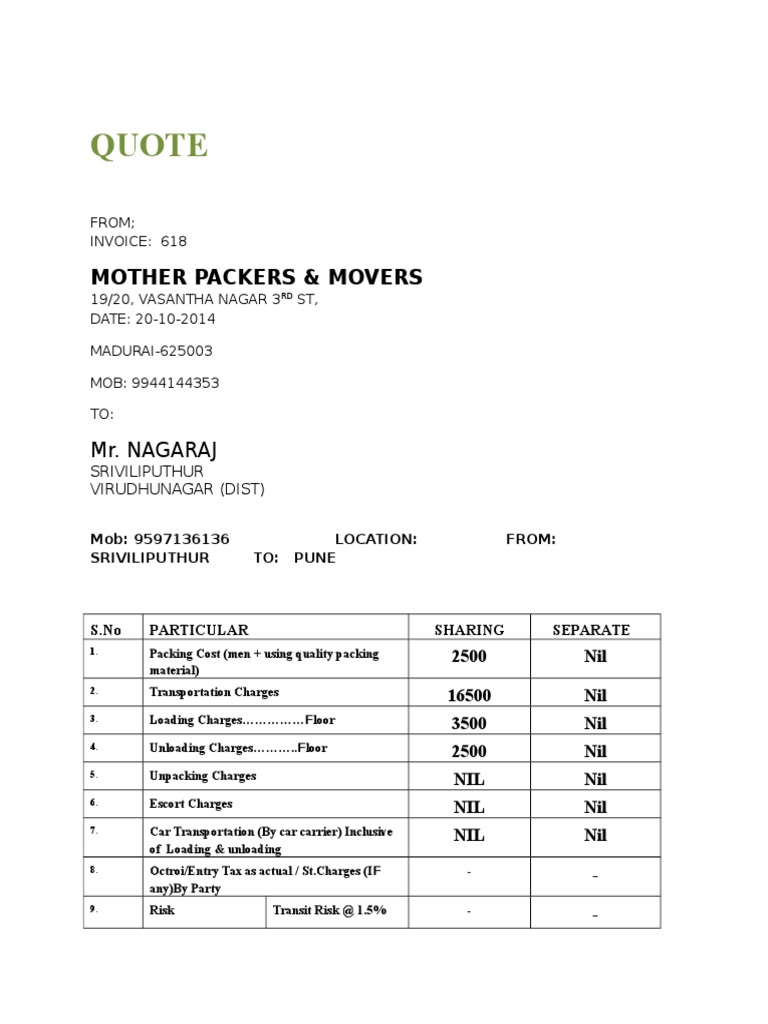 Moving Quotation from Mother Packers | PDF