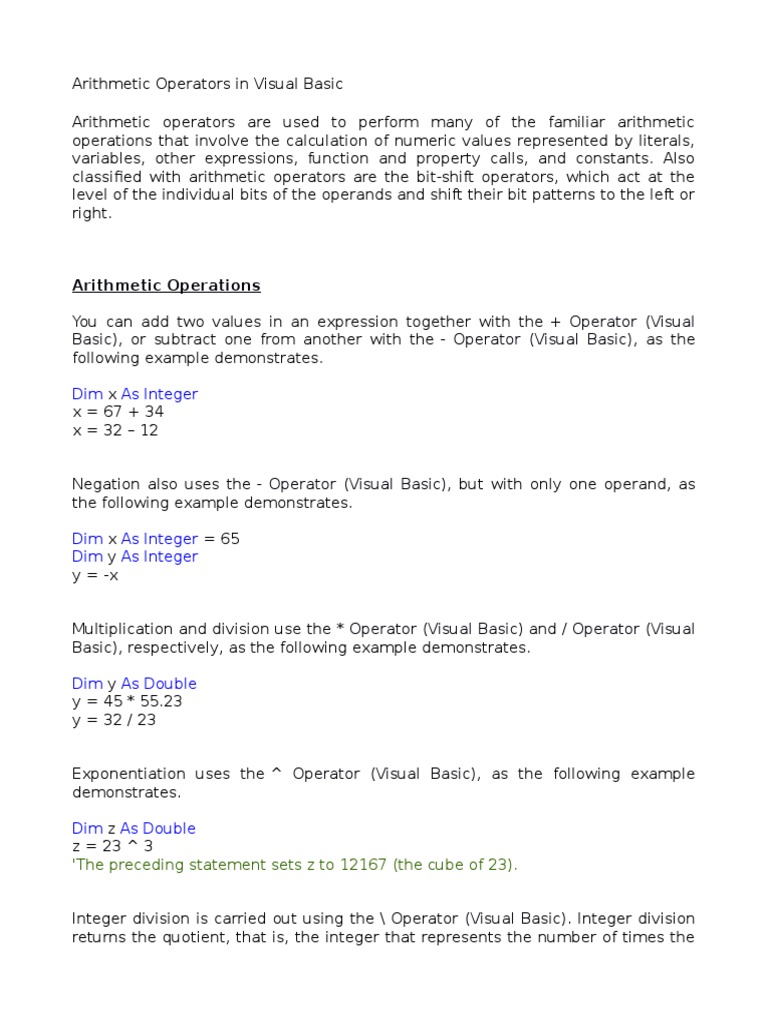 Arithmetic Operators in Visual Basic | PDF | Division (Mathematics ...