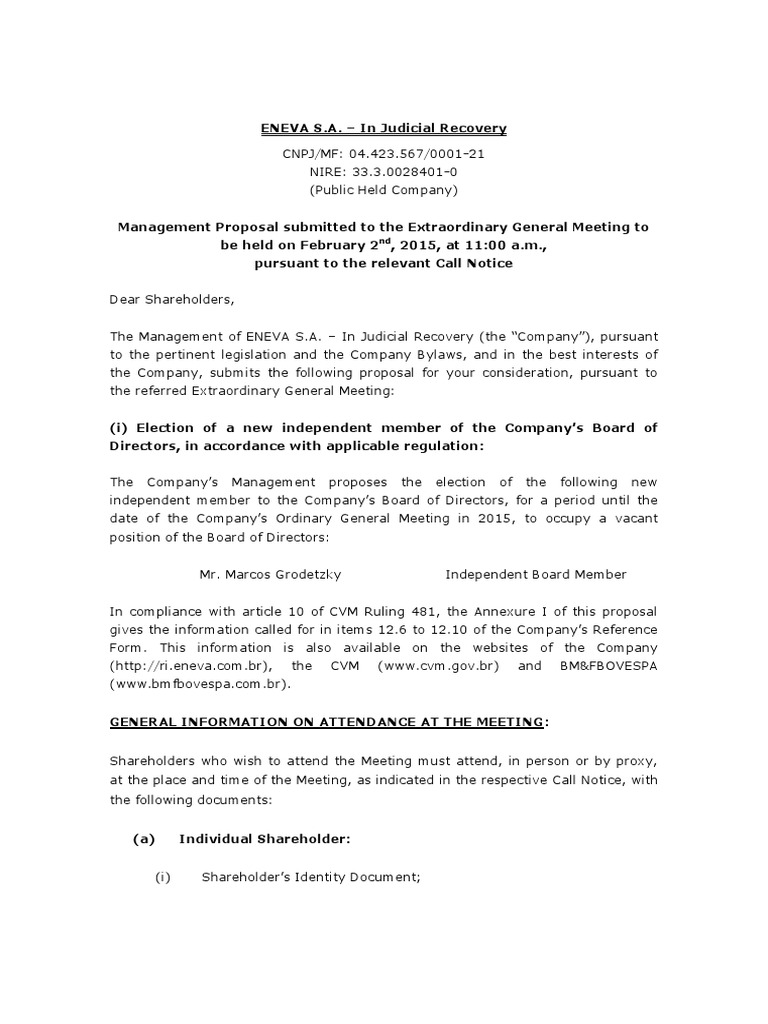 ENEVA S.A. Management Proposal for 2015 | PDF | Board Of Directors ...